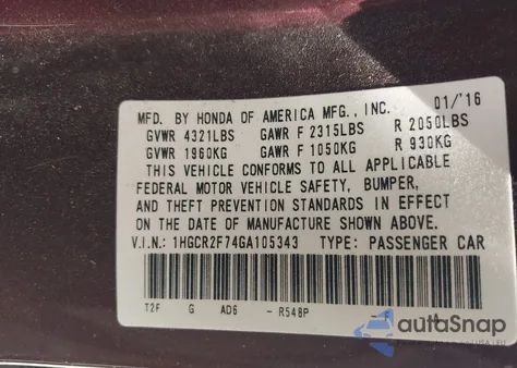 2016 Honda Accord Ex z USA, uszkodzony, nr VIN 1HGCR2F74GA105343